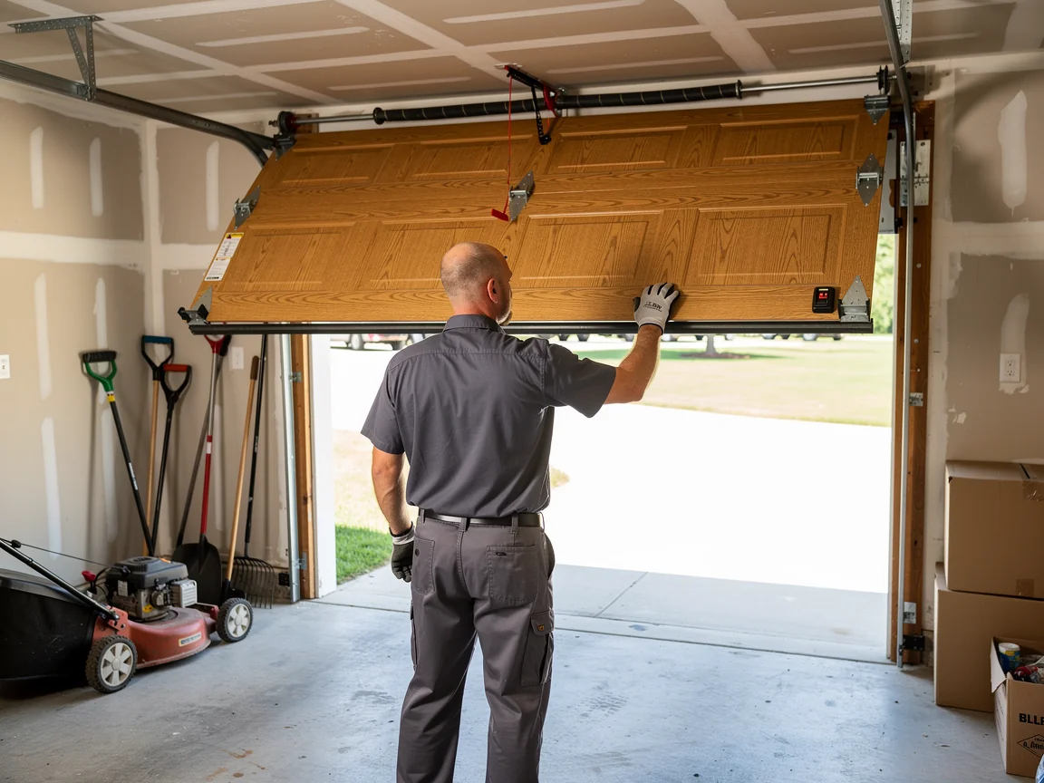 A technician in a gray uniform is adjusting a brown garage door.