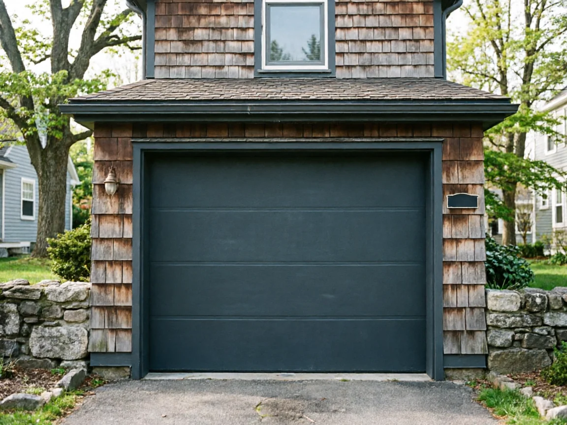 A dark gray garage door is set into a shingled garage with a stone wall.