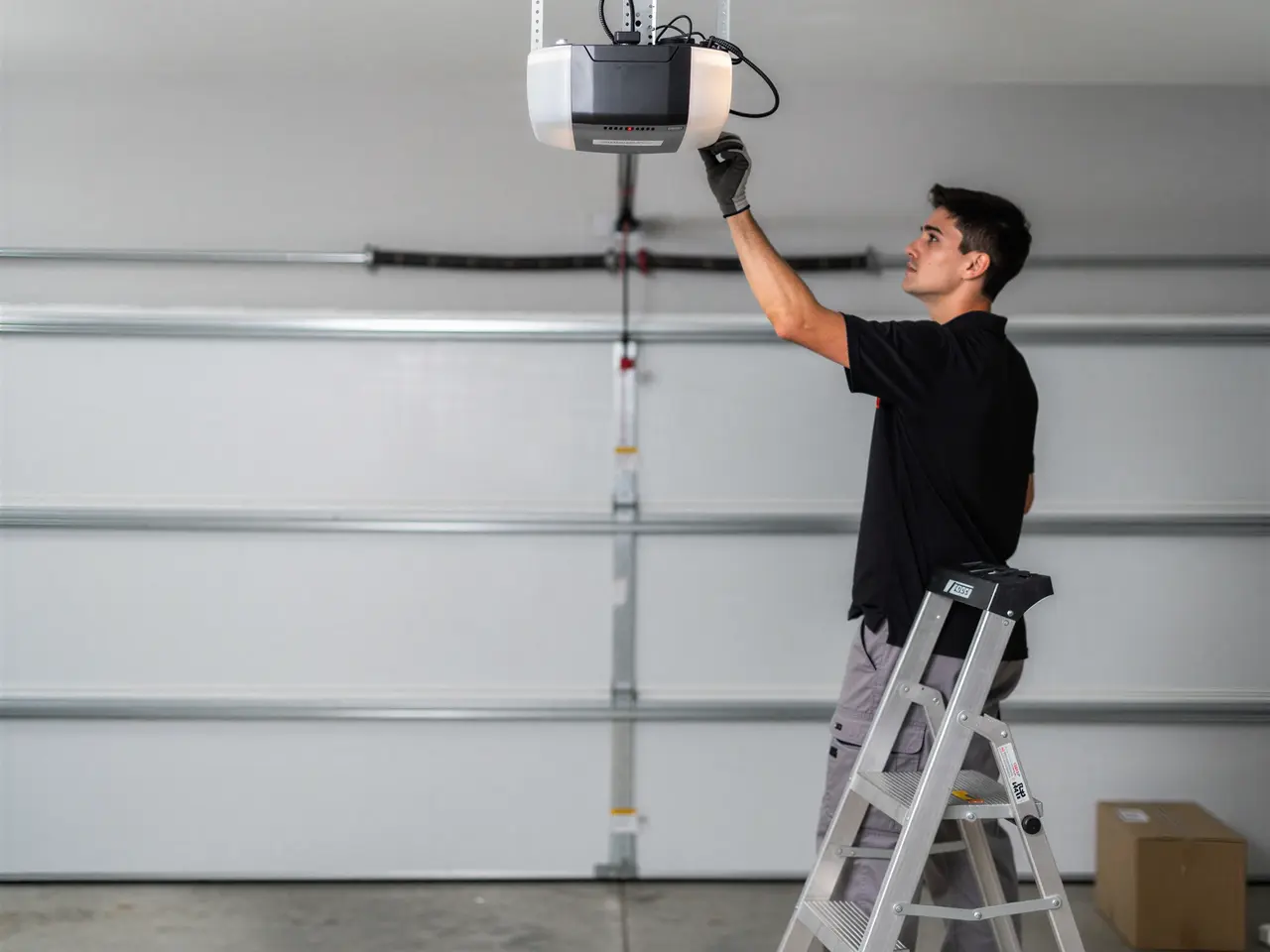 A technician on a ladder adjusts a garage door opener.